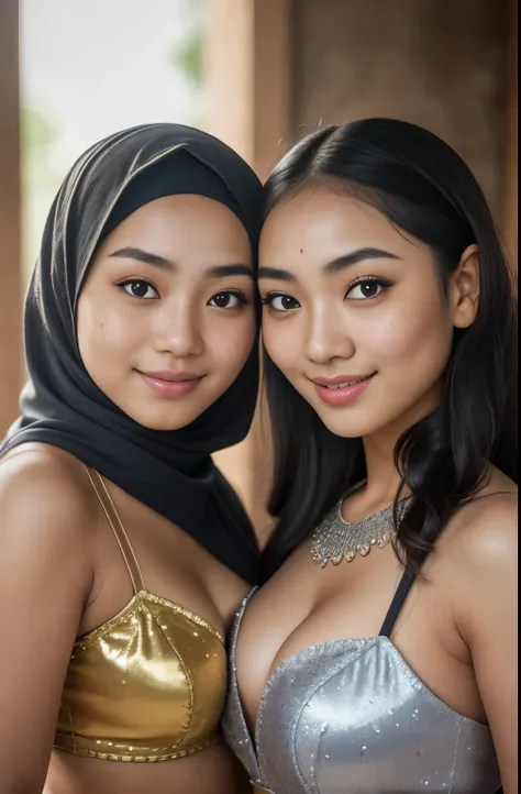 2girls, silver bellydancer, cleavage,  two beautiful teen javanese and chinese girls with hijab and few soft freckles, mole below eyes, detail skin texture, smile, , dramatic light , Rembrandt lighting scheme, (hyperrealism:1.2), (8K UHD:1.2), (photorealis...