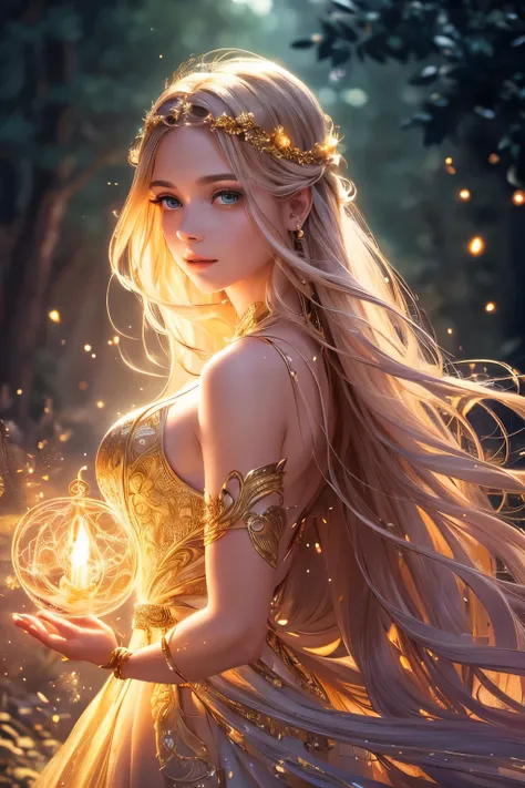 a beautiful golden firefly princess, delicate detailed face, large sparkling eyes, long eyelashes, flowing hair, intricate detailed dress, magical glowing fireflies surrounding her, ethereal fantasy landscape, dramatic lighting, cinematic composition, vibr...