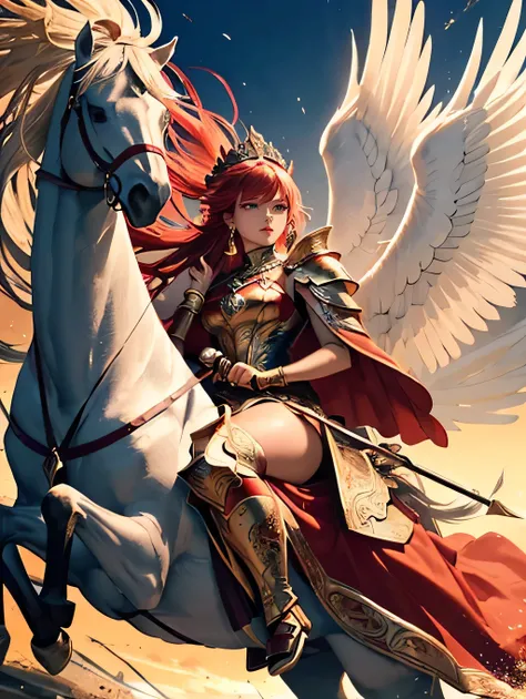 Witness the mesmerizing spectacle of a woman, poised regally atop a majestic Pegasus, bedecked in scarlet armor intricately adorned with minute, exquisite details that glimmer profoundly. Her form, sculpted to the pinnacle of perfection, exhibits an enviab...