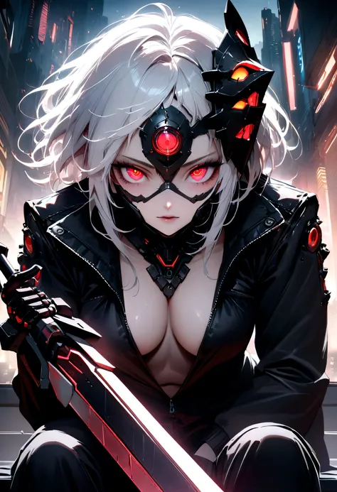 beautiful woman wearing black pajamas, weilding big sword "dark theme :: closeup face focus, ultra realistic futuristic cyberpunk muscular male white hair sitting :: cyberpunk face (cyber eyes) :: cool cybernetic punk jacket red neon eyes :: shirtless:: me...