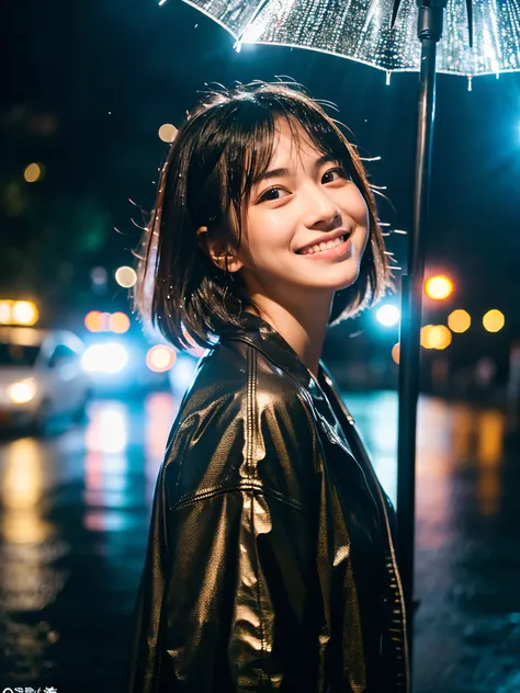 Wet roads ,drenched, Dripping, Wet Face,Wet clothes, Wet Skin, Wet Hair,A young woman with a cute face like a Japanese idol,Smile a little,Looking up at the rainy sky,chest,((Cinema lighting),(Natural light),(High level of artistry),(Artistic),(Quality ind...