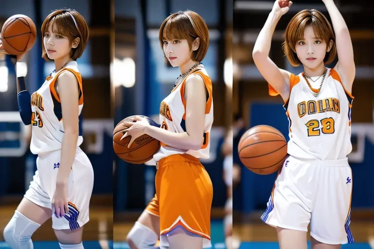 (During a basketball game in the gym:1.5)、(A beautiful profile without looking at the camera:1.5)、(An 18-year-old woman aiming for a shot:1.5)、(The best quality at its best:1.4), (Super detailed), (Very detailed CG unified 16k), Beautiful woman with perfec...