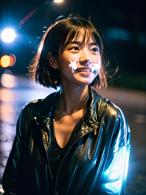 Wet roads ,drenched, Dripping, Wet Face,Wet clothes, Wet Skin, Wet Hair,A young woman with a cute face like a Japanese idol,Smile a little,Looking up at the sky,chest,((Cinema lighting),(Natural light),(High level of artistry),(Artistic),(Quality indisting...