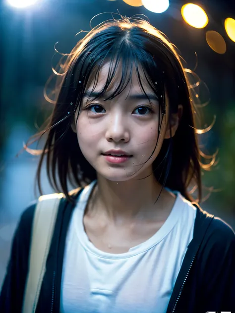 Wet roads ,drenched, Dripping, Wet Face,Wet clothes, Wet Skin, Wet Hair,A young woman with a cute face like a Japanese idol,Looking up at the sky,chest,((Cinema lighting),(Natural light),(High level of artistry),(Artistic),(Quality indistinguishable from r...