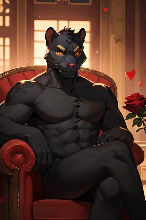 detailed face, detailed eyes, adult male, panther caroso, solo, sitting in an armchair with crossed legs, nude, naked, black body, body completely in black, yellow sclera, pink nose, sexy, seductive, flirting, flirtatious, holding rose,