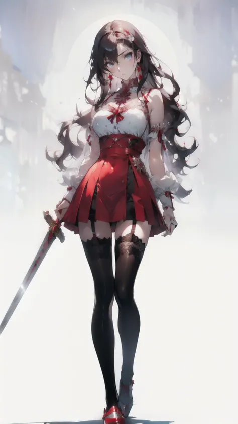 ((masterpiece, best quality)), Delicate face，Sword Princess，red，whole body，Long legs，Large Breasts，Gradient long wavy hair，Perfect body proportions，beautiful eyes，Extremely beautiful，transparent， Pure white background，Erotic_lingerie，Lace，Garter stockings