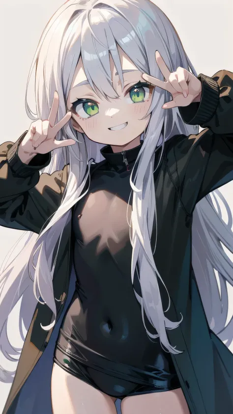 masterpiece,best quality,ultra detailed,8k,kawaii,cute,loli,8 years old,flat chest,silver hair,long hair,straight hair,hair between eyes,green eyes,smile,teeth,school swimsuit,black coat,double_v,Peace Sign,simple_background,Close-up,standing,