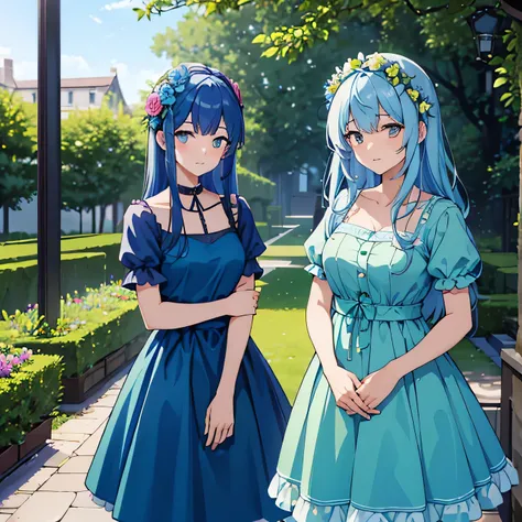 high resolution, 4k, 8k, two female sisters, blue hair, wearing a green dress with pink flowers on the dress, flower crown, stan...