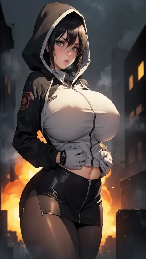  Silent hill city, fog, ((huge boobs)), ((huge hips)), darkness woman black hair, full zip coat black, long polo shirt, mini skirt, pantyhose, hood, gloves, fog, strong stance, boom, (nuclear explosive background), sweaty glow body, (((two hands closer:1.2...