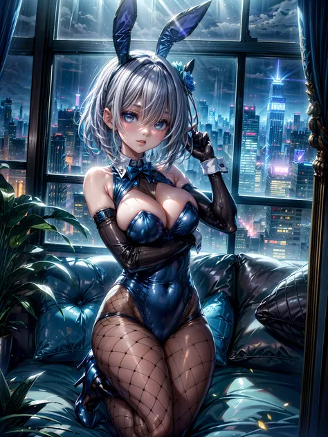 Highest quality、8K、(Bunny girl)、Fishnet tights、High heels、Blue Bunny Suit、View Viewer、smile、Futuristic Living Room、indirect lighting、Room with houseplants、From the window you can see the valley between the city buildings、Night view、Silver short hair、Beauti...