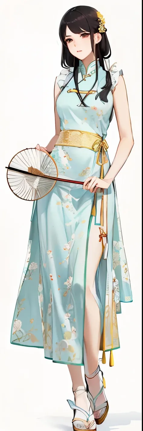 A woman in a dress、Close-up of a woman holding a Chinese round fan, Hanfu, Inspired by Yin Dourui, Wearing Chinese clothes, cheongsam, By Zheng Xuan (Jeong Seon) of inspiration, apron, Chinese traditional clothing, Inspired by Shen Si Zheng, Wearing a lady...