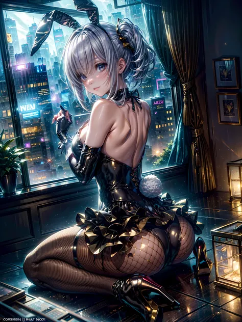 Highest quality、、(Bunny girl)、Fishnet tights、High heels、Golden Bunny Suit、View Viewer、Angle from the back、W-Sitting、smile、Futuristic Living Room、indirect lighting、Room with houseplants、From the window you can see the valley between the city buildings、Night...