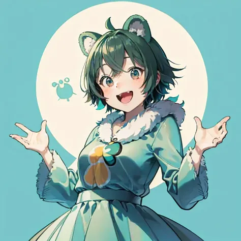 Green fur bear,Pixar-like refined characters,Disney,2:2,Body shape like Doraemon,Ultra HD,fur,Looking at me and laughing,Mouth open,Raising one hand,The belly is white,ears are big,Doll-like cuteness,More realistic
