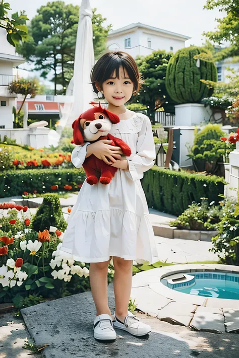 Highly realistic photo, ((masterpiece), (best quality), (raw photo), (photorealistic:1.4), Photo of a 6-year-old girl, short hair, wearing a white dress, holding a red stuffed dog, photo taken in a tulip Vietnam garden, photo taken by Sony A7IV
