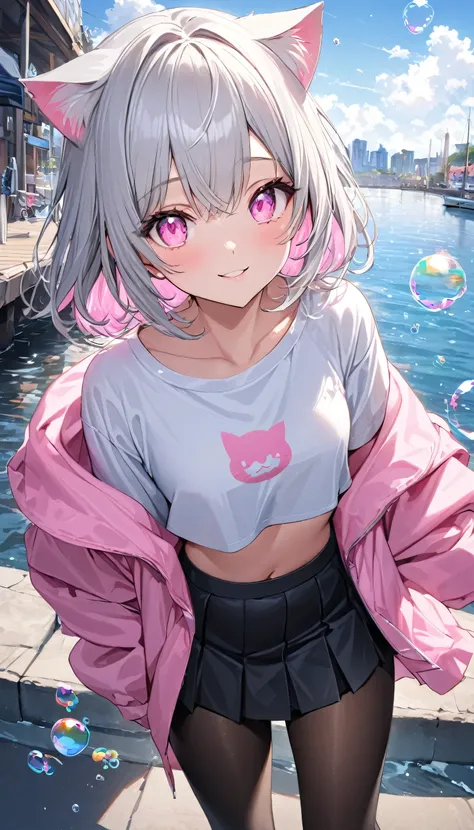 masterpiece,highest quality,Highly detailed face,fine grain,Waterfront,Bubble,Sparkling eyes,Highlighted eyes,Medium chest,pretty girl,smile,Cat ear,Beautiful silver hair,Pink inside,Beautiful pink eyes,Oversized shirt、skirt、black tights, Crop top outfit
