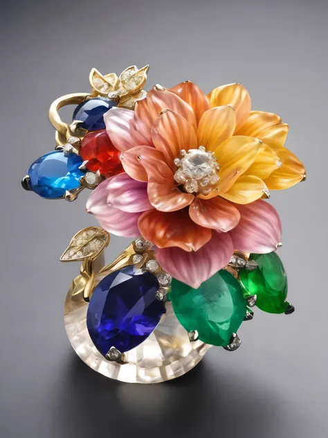 image of, close,  flowermd_jewelry,chinese_sp style,colorful dahlia with gemstones and diamonds in a bottle,  gemstone leaf, gol...