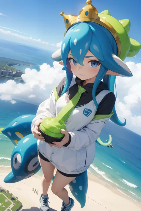 aerial photograph，from above、(giant splatoon girl)、20,000 foot tall girl，weight: 1000kg，waist-length tentacle hair，gradient colo...