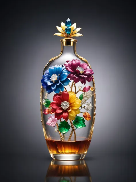 image of, close,  flowermd_jewelry,chinese_sp style,colorful dahlia with gemstones and diamonds in a bottle,  gemstone leaf, gol...