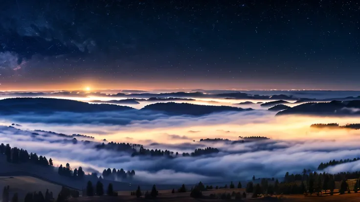 panoramic, expansive nighttime landscape, mist,