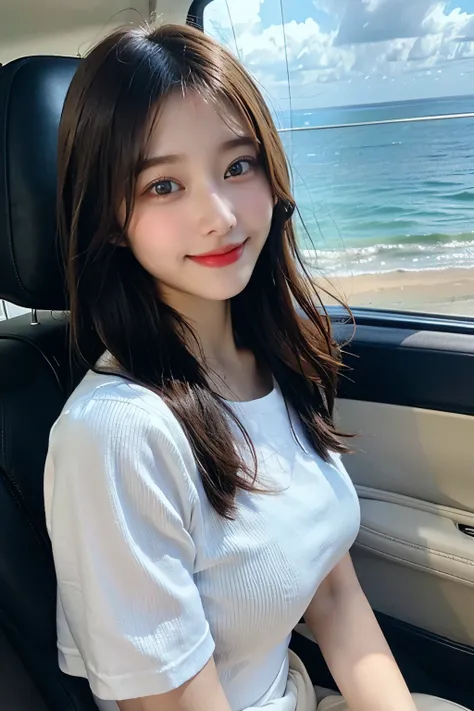 In a car、Outside you can see the sea、Masterpiece、Highest quality、14-year-old girl、Large Breasts、looking at viewer、Sitting in the passenger seat、smile