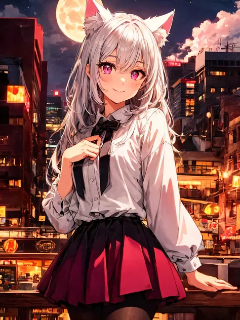 Highly detailed face,fine grain,Sparkling eyes,Highlighted eyes,Medium chest,pretty girl,smile,Cat ear,Beautiful silver hair,Pink inside,Beautiful pink eyes,Oversized shirt、skirt,black tights,moon
