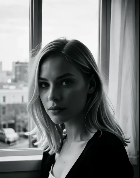 portrait of a blonde girl, black and white, film photography, noir, film grain. she is looking out a window