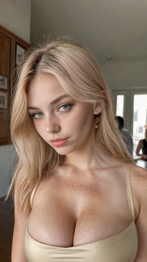 18 year old girl, extremely cute face, looking seductively at the viewer, juvenile body, slim waist, busty, pale skin, (glossy sweaty skin:1.1), Influencer, dark eye makeup, smokey eyes, solo, looking at viewer, dark brown eyes, ash blonde hair, crowded ta...