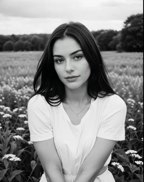 portrait of a red girl, black and white, film photography, noir, film grain. she is in a field of flowers, happy with open arms