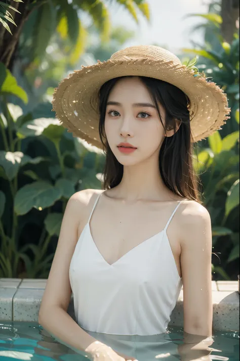 (((best quality))),(((ultra detailed))),(((masterpiece))),illustration,1 beautiful girl,slim,straw hat,shiny skin,dark skin,sweat,wet,flat chest,short Embroidered red cheongsam,bare arms,sitting in the pool filled with Rice seedlings,upper body,elegant, cl...