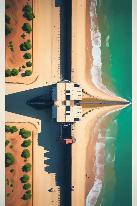 masterpiece, concept art, wide shot, a painting of a lifeguard tower on a beach, cinemascope panorama, coloured woodcut, southern california, vice city, la, anime keyframe, art print, view(full body + zoomed out), symmetrical framing, volumetric lighting, ...