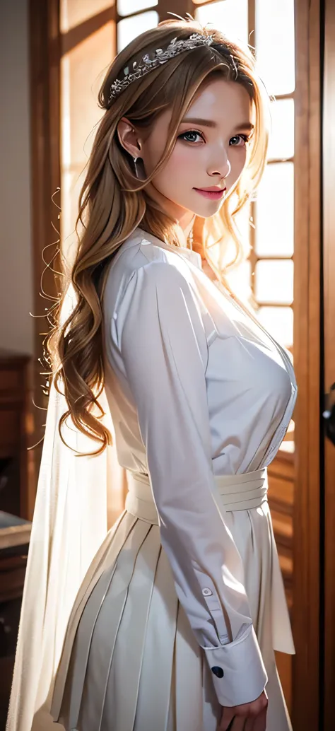 bride、wedding、white long sleeve button up blouse_brown pleated mini skirt、Lightly Dressed、Formal Wear、night scene、illumination、blue eyes、bionde、short hair、Hair tied up、Full body photo、Sexy Face、Long straight hair_Hair reaching down to the waist、A look of c...