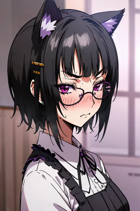 a girl, souna sitri, short hair, black hair, hair ornament, glasses, hairclip, bangs, blunt bangs, (purple eyes:1.1), cute, fril...