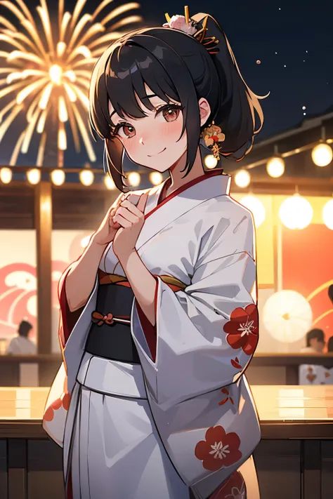 young woman, (wearing kimono), black hair, ponytail, embarrassing, (embarrassed smile), blush, open stance, Japanese summer festivals, food stalls, fireworks, in front of crowd, cowboy shot, masterpiece, super detail, best quality, bokeh