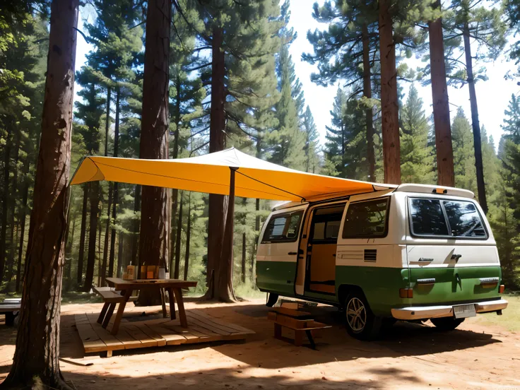 campsite, forest, white camper van, orange tent, awning, shade, picnic table, chairs, tall pine trees, green, sunlight filtering through, peaceful, inviting, adventure, tranquility, nature