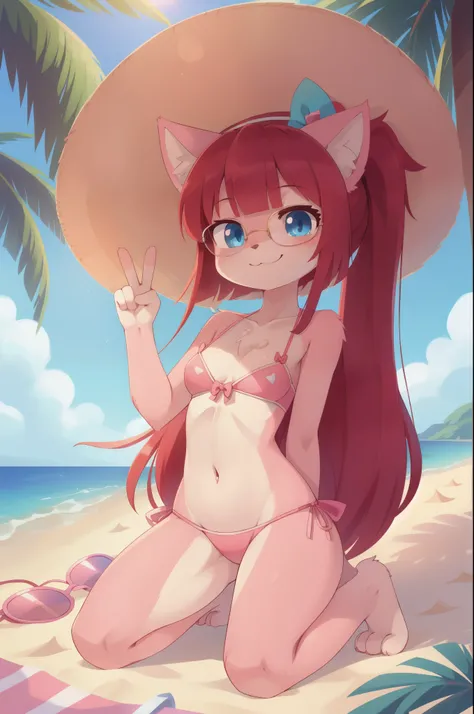 furry girl, cat, red hair, Knight bangs hairstyle, long ponytail, anime style, medium breasts, blue eyes, ((bright pink bikini bandeau with bow in the center, side bows at the bottom, sunglasses up head, wide-brimmed hat)), high quality, detailed body, det...