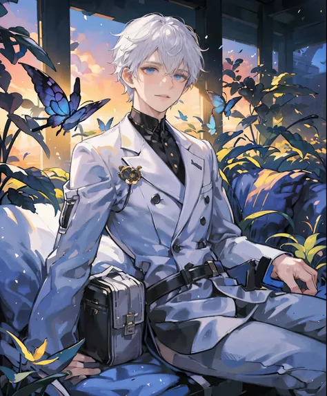 dynamic angle, splash art, high definition, full body, guy with white hair, sitting, surrounded by butterflies in a garden, soft boy, short hair, sunset lighting, dramatic lighting, looking at camera, young boy, light on face, camera angled slightly from a...