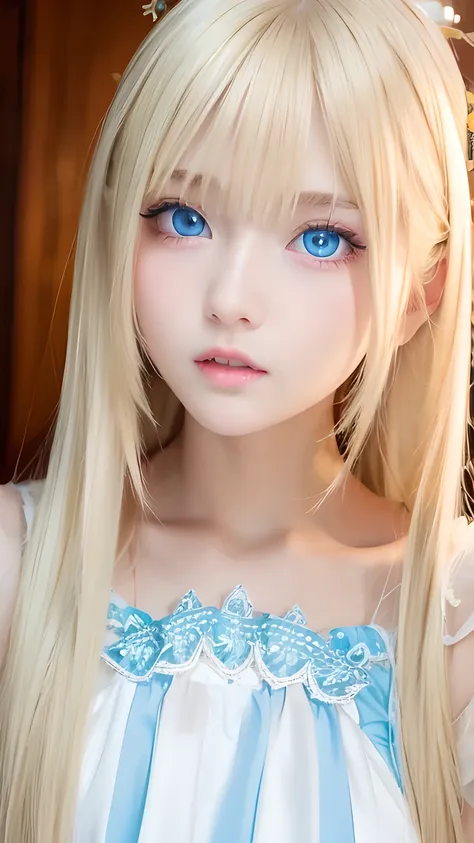 super long blonde straight hair、bangs on a beautiful face between the eyes、very cute beautiful sexy young teenage girl、so perfec...