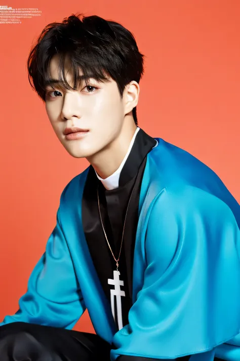 Full colorful background and backdrop,magazine photo,Handsome korean male,Center-parted hairstyle,a cassock,worship