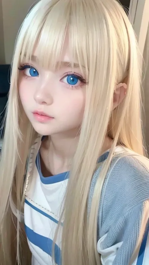 Super long blonde straight hair、Bangs on a beautiful face between the eyes、Very cute beautiful sexy young teenage girl、So perfect beautiful cute face、Very large, clear, beautiful, bright, light blue eyes、Very big cute eyes、Small Face Beauty、Cheek highlight...