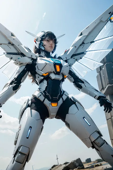 White mecha, transparent crystal, large light wings, no white frame, long-range sniper weapon, protagonist machine, broken feeling