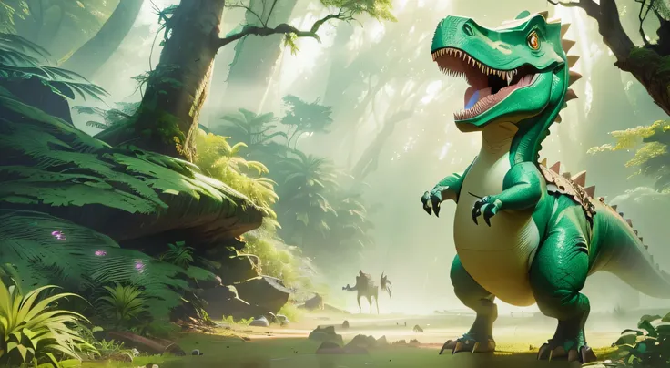 a cartoon dinosaur standing in the middle of a forest, detailed epic 3D illustration, jurassic world, fantasy art, inspired by Abidin Dino, inspired by Adam Markiewicz, popular content on CGSociety, animated film, inspired by Adam Rex, extremely detailed, ...