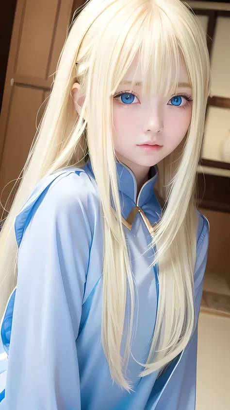 super long blonde straight hair、bangs on a beautiful face between the eyes、very cute beautiful sexy young teenage girl、so perfec...