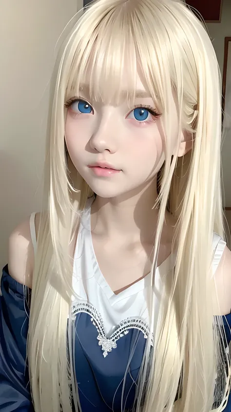 Super long blonde straight hair、Bangs on a beautiful face between the eyes、Very cute beautiful sexy young teenage girl、So perfect beautiful cute face、Very large, clear, beautiful, bright, light blue eyes、Very big cute eyes、Small Face Beauty、Cheek highlight...