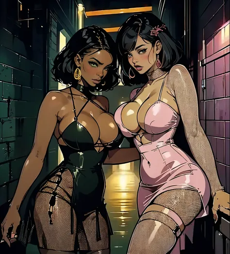 masterpiece, ((better quality)), ebony, slut, bitches group, multiple_females, Depraved facial expression, (((fishnet dress))), dark skin, afro_style, seductive, vulgar clothes, almost_naked, acid colors ((pink, yellow, green, red)), drunk_party, alleyway ...