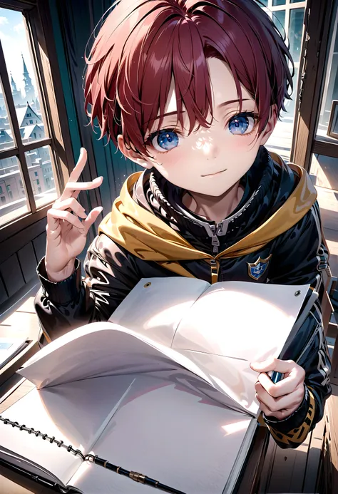 Have Levi hold an open white sketchbook and point at it with his finger as if he is explaining something. Make his face face the camera and the notebook is also clear and there is a window behind it.