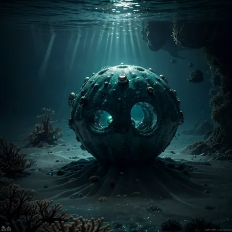 A tiny, barely visible tentacled monster is emerging from the ocean floor, surrounded by marine life. Light breaks through the water, creating subtle lighting that highlights the minuscule creature. The monster, though small, has a menacing presence with i...