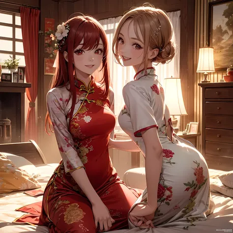 two beautiful young women, anime style, detailed faces, red hair, red eyes, delicate features, soft lighting, wearing traditional Chinese dresses (cheongsam), playful expressions, laughing and having fun, cozy and well-decorated room, one gently pushing th...