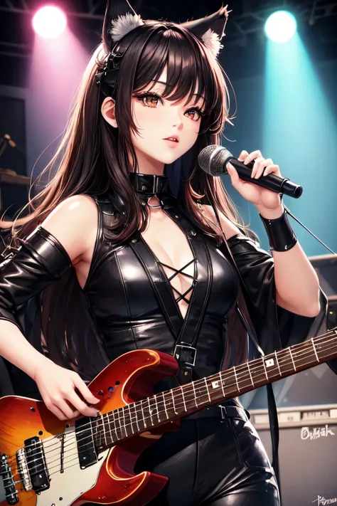 High quality digital art, rock concert, Girl with black wolf ears, Black amber hair color, Healthy, slim and fit body, Brown eyes, eyelash, Dark rocker outfit, Rock Guitar