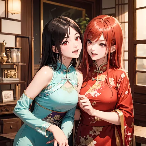 Two beautiful young women, Anime Style, Detailed face, Redhead, Red eyes, Delicate features, Soft lighting, Wearing traditional Chinese costume (China dress), Playful expressions, laugh and enjoy, cozy、Nicely decorated room, One pushes the other playfully ...