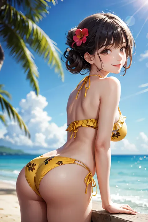 very cute and beautiful girl,(highly detailed beautiful face),(floral frilled yellow bikini), standing,(looking back,from behind),(leaning forward),looking at viewer,beach,tropical resort hotel,(smile:1.25),happy,black hair, (best quality,masterpiece),absu...